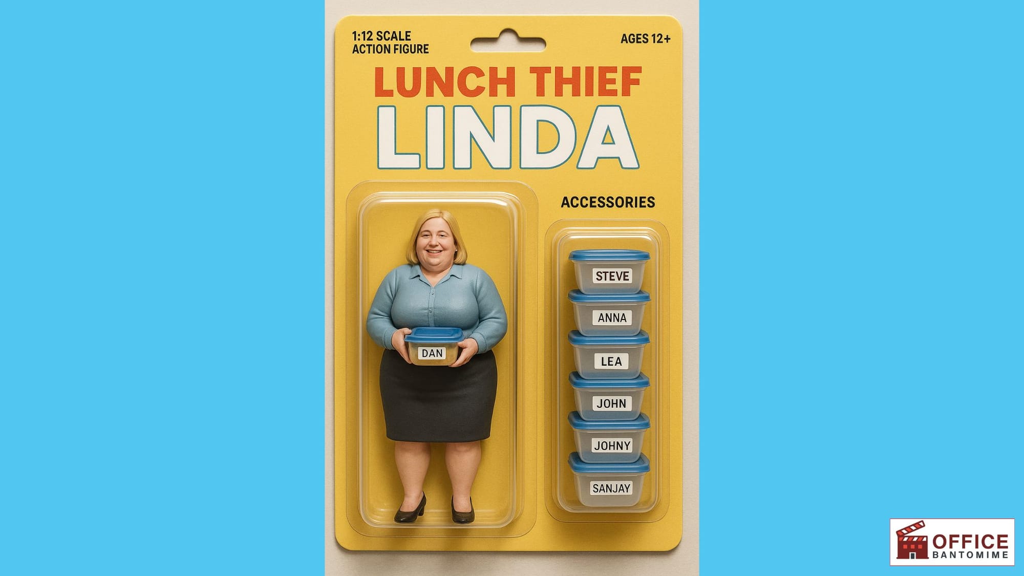  A blonde middle-aged office worker in a blouse and skirt holding a stolen Tupperware container labelled “Dan,” with accessories of empty boxes labelled Steve, Anna, Lea, John, and Sanjay.