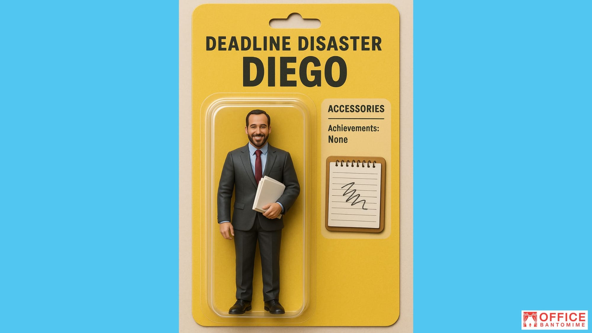 A realistic action figure of Deadline Disaster Diego in packaging, wearing a smart suit, smiling, and holding documents with accessories showing “Achievements: None” and a scribbled notepad.