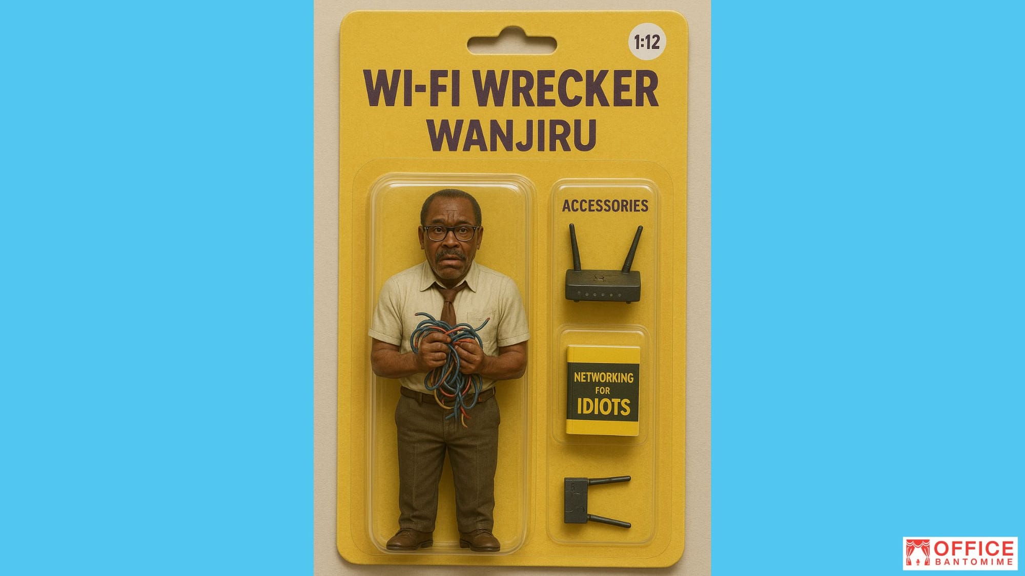ealistic 1:12 action figure of Wi-Fi Wrecker Wanjiru, a Nigerian man holding tangled cables, packaged with a broken router and a “Networking for Idiots” book.
