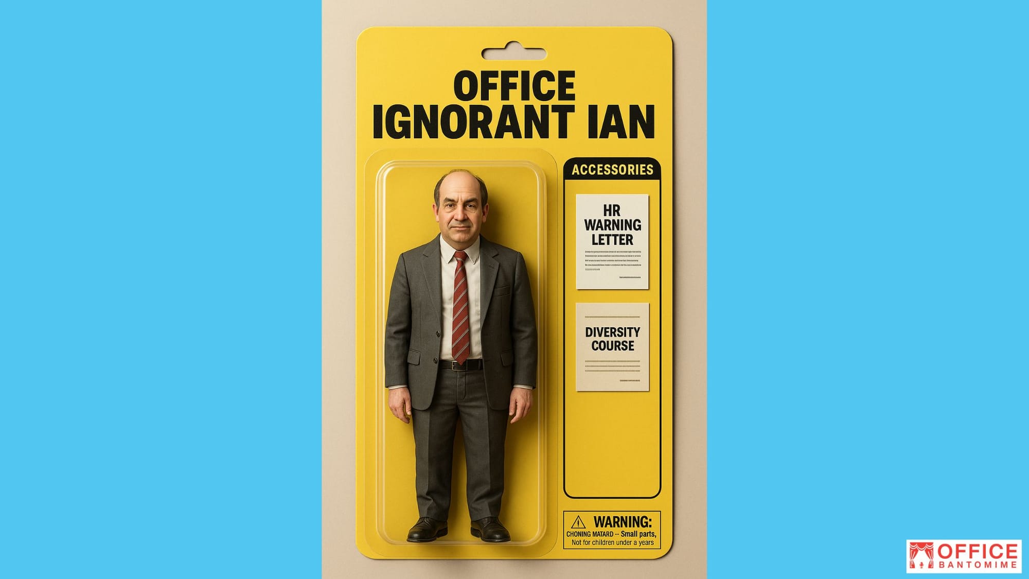 Action figure of Office Ignorant Ian in yellow packaging, middle-aged man in a worn suit with accessories: HR warning letter and diversity course.