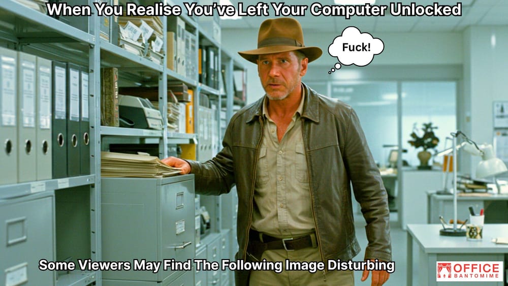 Indiana Jones stands in an office looking panicked, with the caption “When You Realise You’ve Left Your Computer Unlocked” and a thought bubble reading “F***!”, mimicking workplace panic.