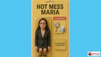 A realistic 1:12 scale action figure in packaging titled “Hot Mess Maria.” The brunette figure in a business suit is crying with mascara running down her face