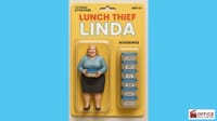  A blonde middle-aged office worker in a blouse and skirt holding a stolen Tupperware container labelled “Dan,” with accessories of empty boxes labelled Steve, Anna, Lea, John, and Sanjay.