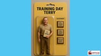 Realistic action figure in yellow packaging titled “Training Day Terry,” holding an IT course folder with accessories: Excel, Word, and Mindfulness awards.