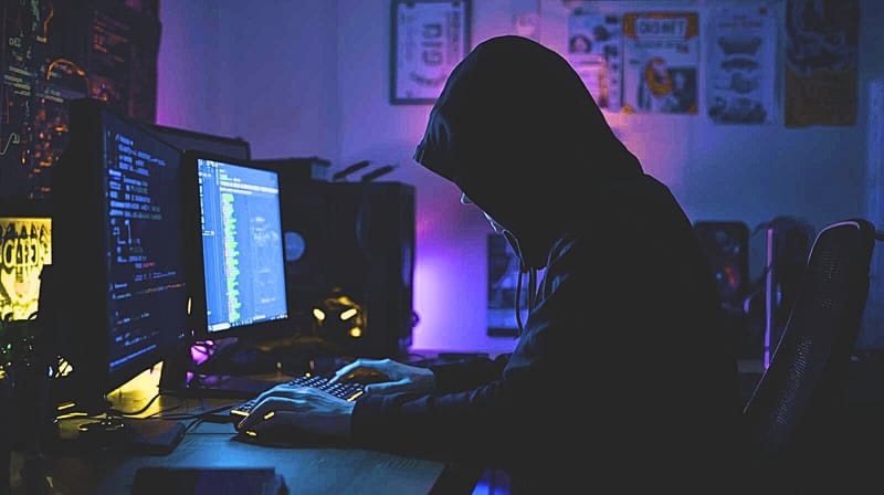 Hacker in dark hoodie using multiple computer screens to launch a cyberattack — workplace password security reminder.