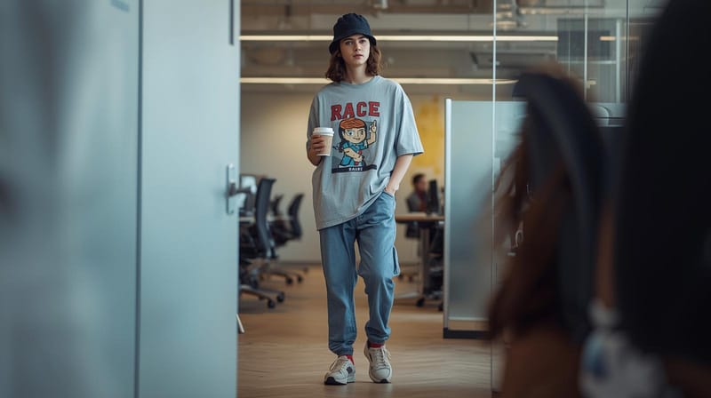 Young professional woman smiling while working on a laptop in a modern office, representing Generation Z in the workplace.